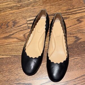 Chloe Scalloped Black Leather Flats